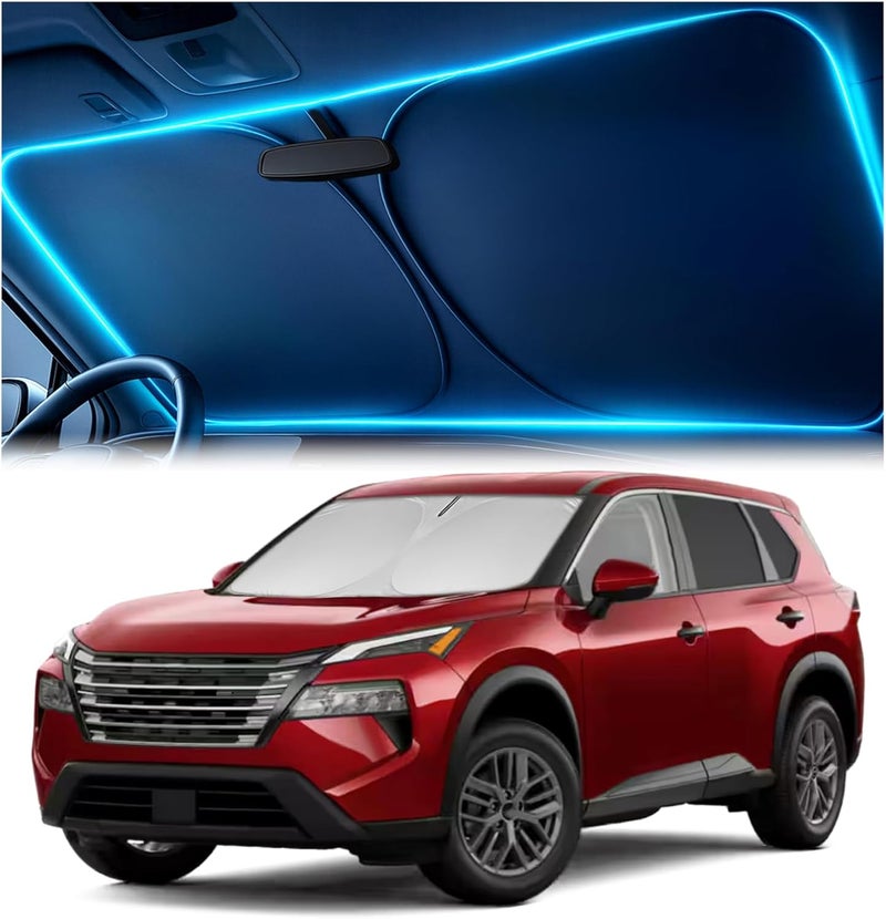 Autopect Windshield Sun Shade for Nissan Rogue 2021 2022 2023 2024 2025 – Custom Fit Sun Shield with Mirror Cut‑Out, Blocks Heat & UV, Foldable with Storage Pouch - Nissan Rogue Windshield Sunshade - Image 1